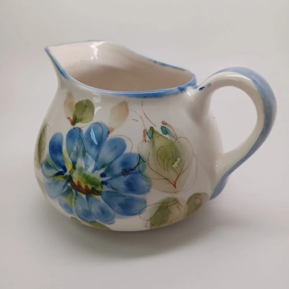 Blue Floral Pitcher Made In Portugal Secla Vintage Flower Leaf Print Wide Mouth‎